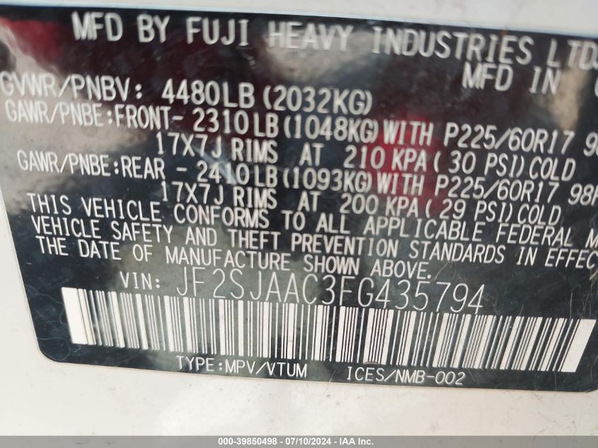 2015 Subaru Forester 2.5I VIN: JF2SJAAC3FG435794 Lot: 39850498