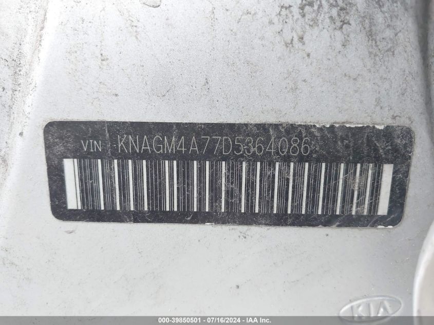 2013 Kia Optima Lx VIN: KNAGM4A77D5364086 Lot: 39850501