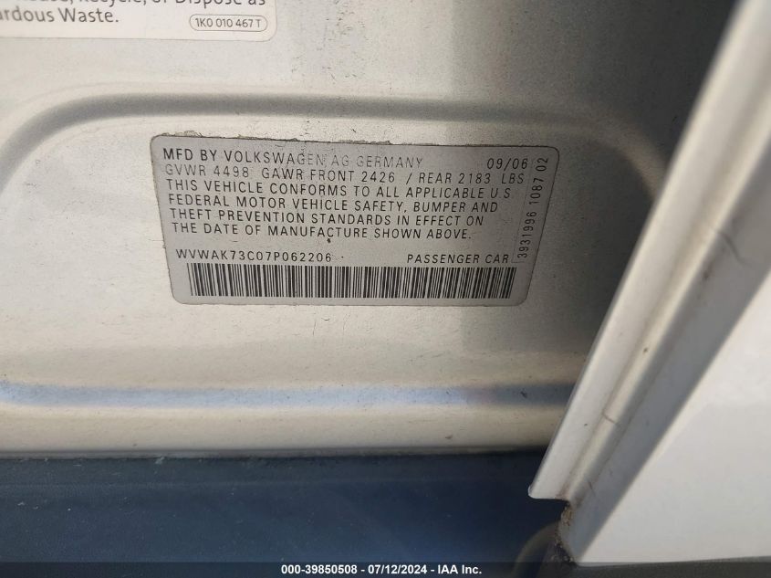 2007 Volkswagen Passat 2.0T/Wolfsburg Edition VIN: WVWAK73C07P062206 Lot: 39850508