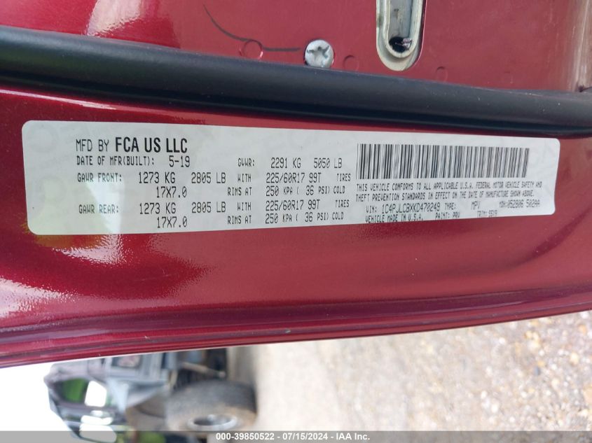 2019 Jeep Cherokee Latitude Fwd VIN: 1C4PJLCBXKD470249 Lot: 39850522