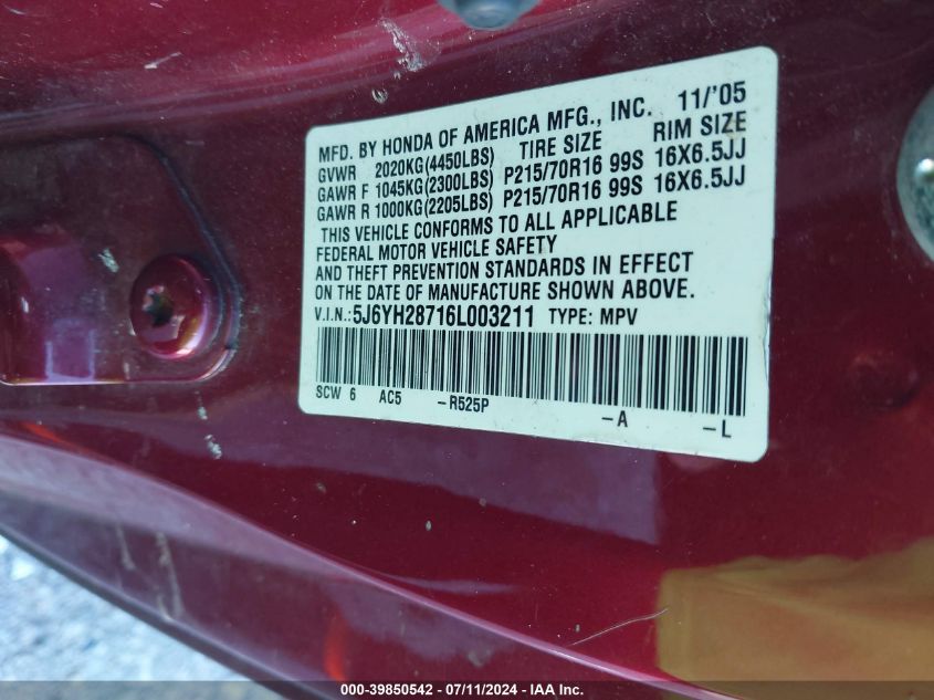 2006 Honda Element Ex-P VIN: 5J6YH28716L003211 Lot: 39850542