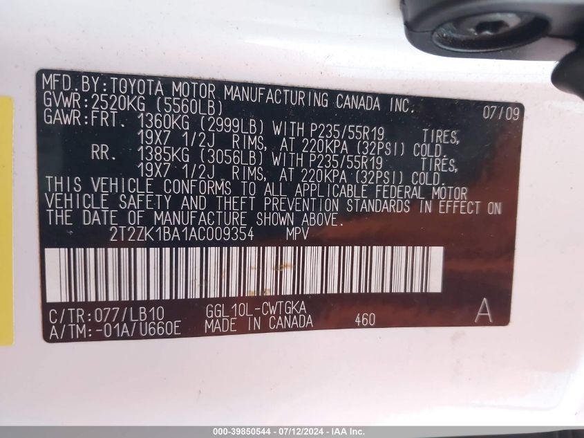 2010 Lexus Rx 350 VIN: 2T2ZK1BA1AC009354 Lot: 39850544