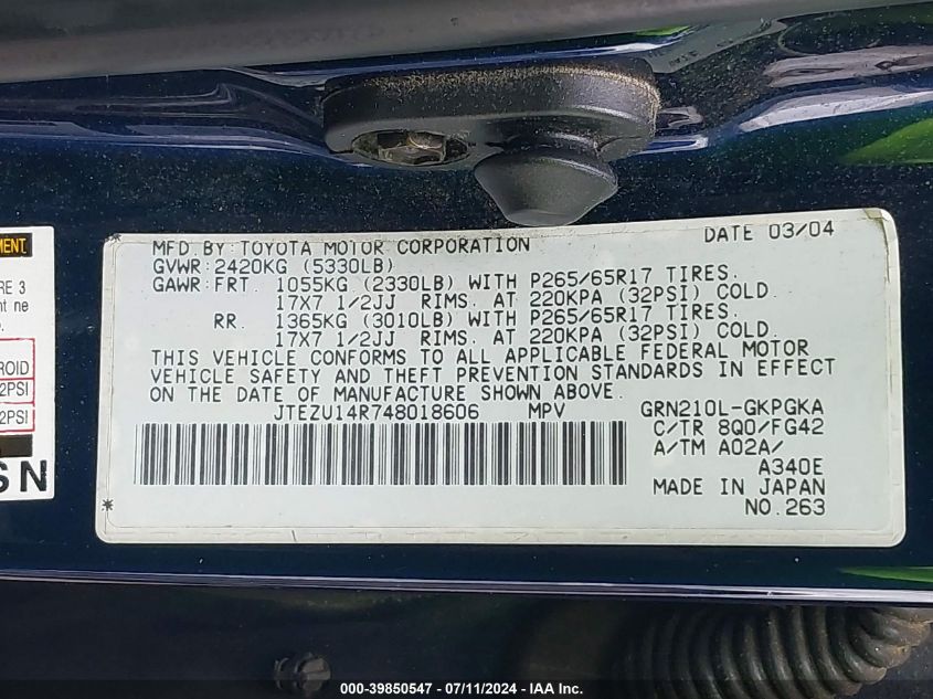 2004 Toyota 4Runner Sr5 V6 VIN: JTEZU14R748018606 Lot: 39850547