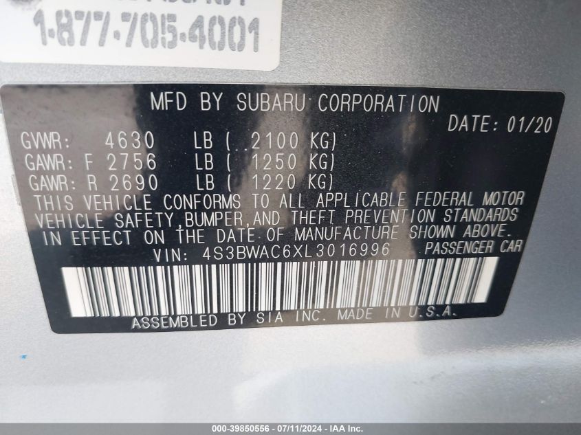 2020 Subaru Legacy Premium VIN: 4S3BWAC6XL3016996 Lot: 39850556