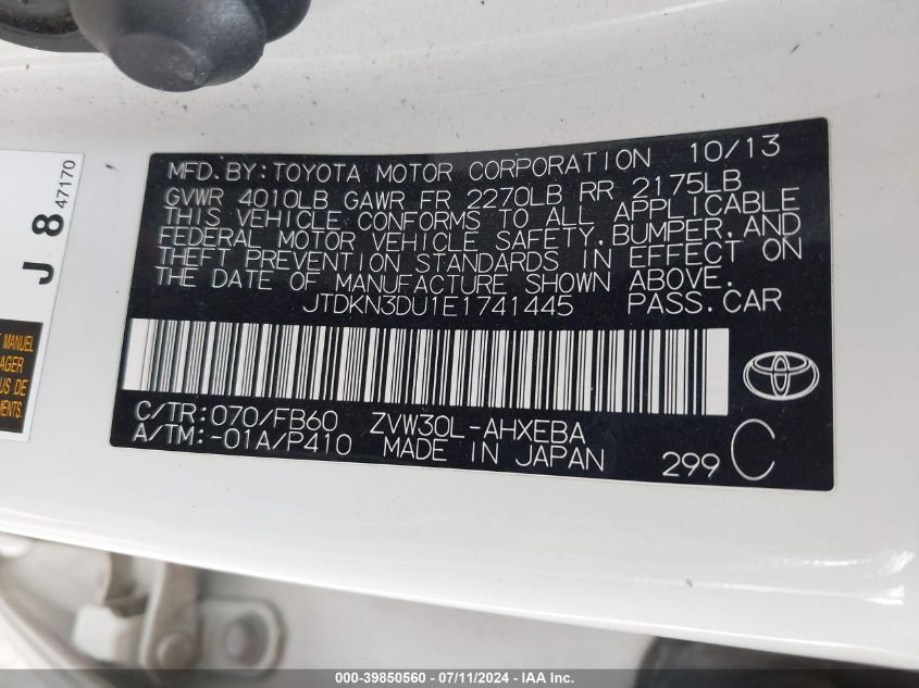 2014 Toyota Prius Two VIN: JTDKN3DU1E1741445 Lot: 39850560