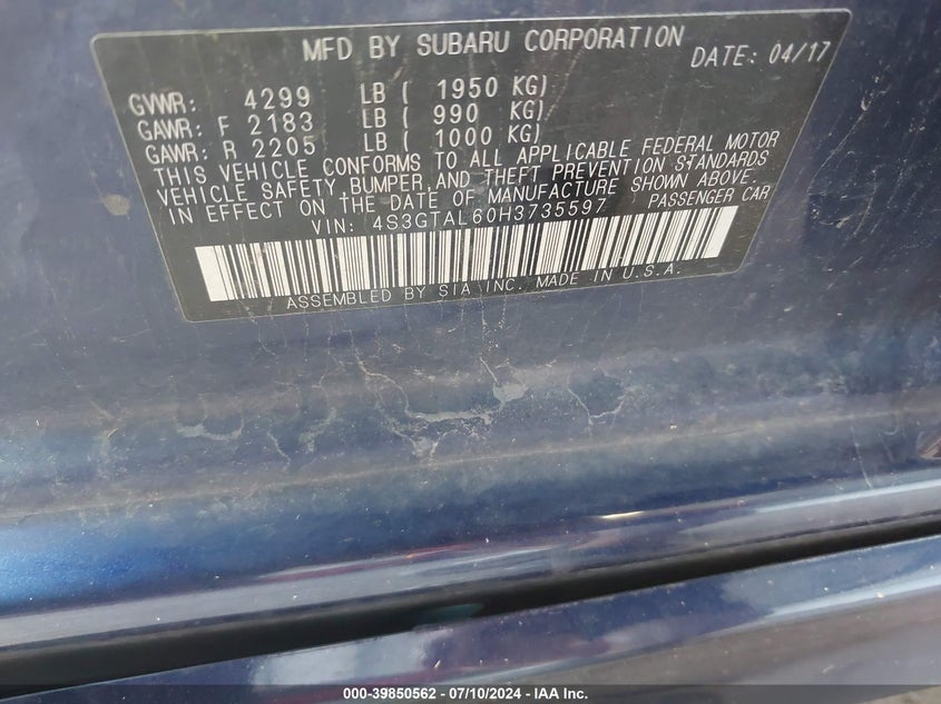 2017 Subaru Impreza 2.0I Sport VIN: 4S3GTAL60H3735597 Lot: 39850562