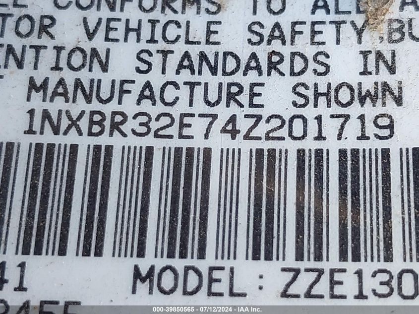 2004 Toyota Corolla Ce/Le/S VIN: 1NXBR32E74Z201719 Lot: 39850565