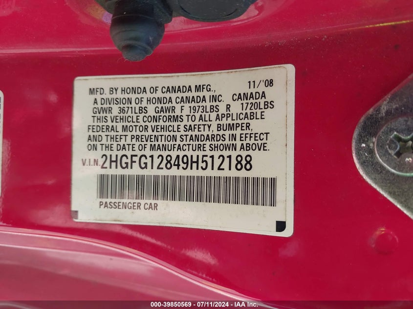 2009 Honda Civic Ex VIN: 2HGFG12849H512188 Lot: 39850569
