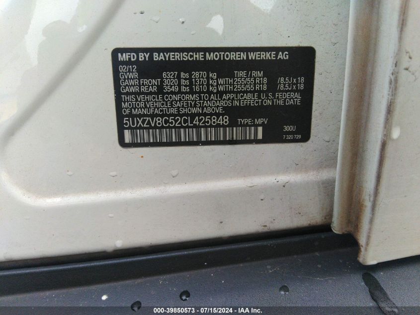 2012 BMW X5 xDrive50I VIN: 5UXZV8C52CL425848 Lot: 39850573