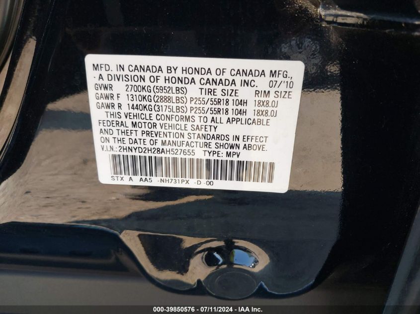 2010 Acura Mdx VIN: 2HNYD2H28AH527655 Lot: 39850576