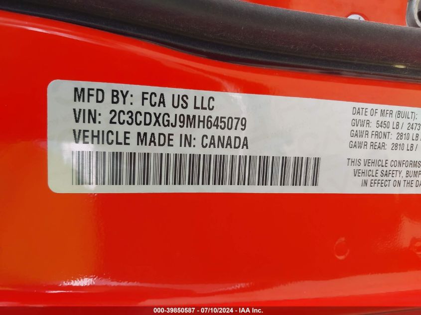 2021 Dodge Charger Scat Pack Widebody Rwd VIN: 2C3CDXGJ9MH645079 Lot: 39850587