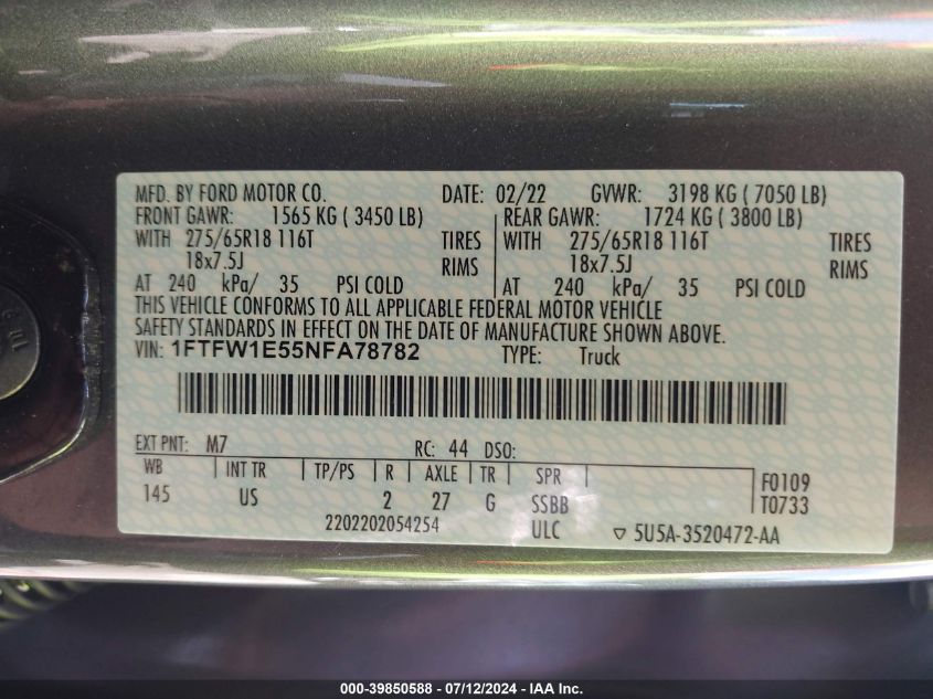 2022 Ford F-150 Xlt VIN: 1FTFW1E55NFA78782 Lot: 39850588