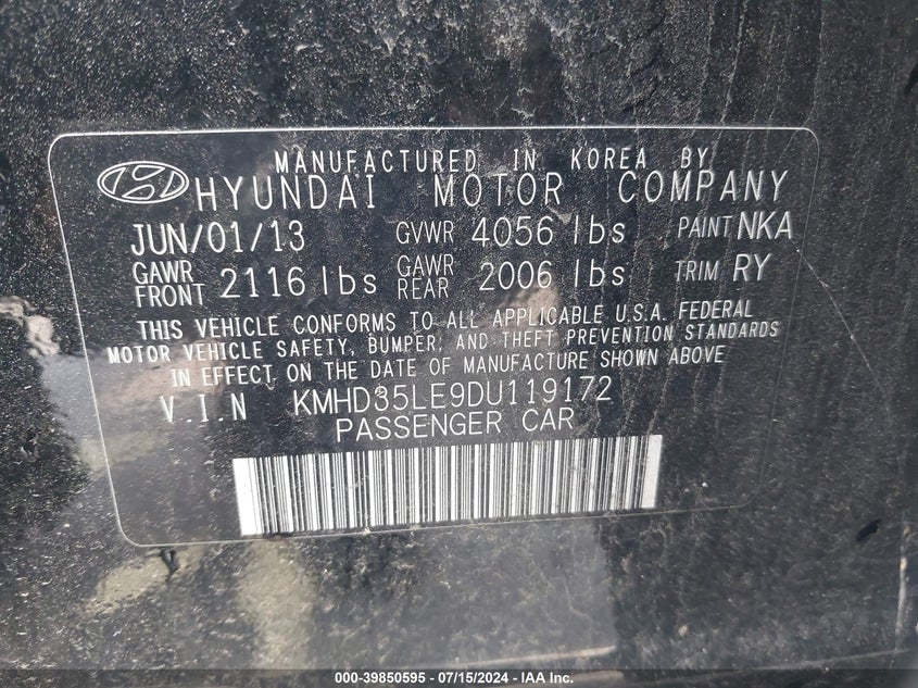 2013 Hyundai Elantra Gt VIN: KMHD35LE9DU119172 Lot: 39850595