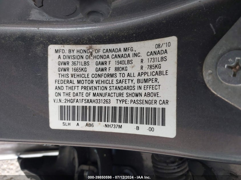 2010 Honda Civic Lx VIN: 2HGFA1F5XAH331263 Lot: 39850598