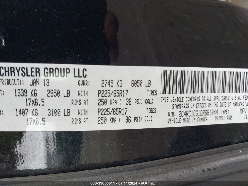 2013 Chrysler Town & Country Touring-L VIN: 2C4RC1CG1DR661044 Lot: 39850611