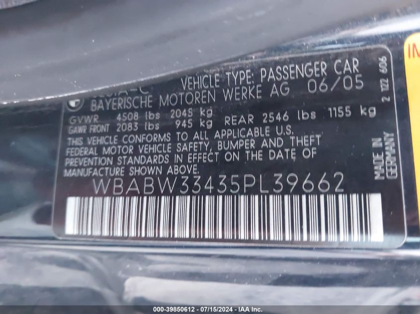 2005 BMW 325 Ci VIN: WBABW33435PL39662 Lot: 39850612