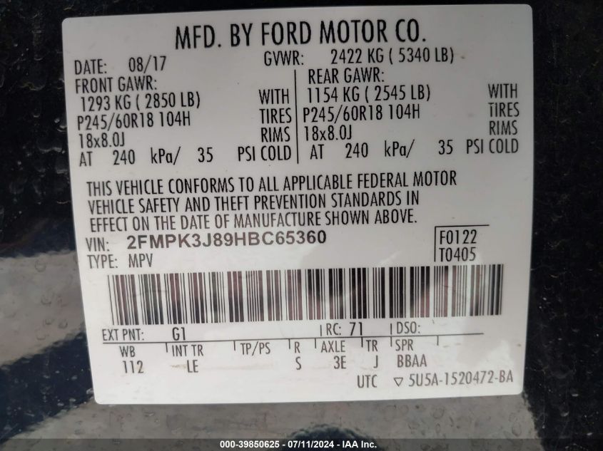 2017 Ford Edge Sel VIN: 2FMPK3J89HBC65360 Lot: 39850625