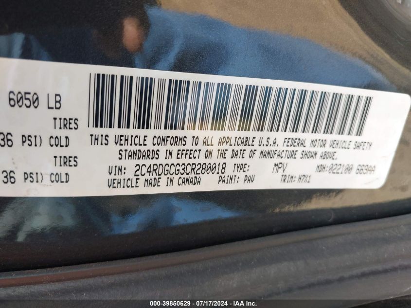 2012 Dodge Grand Caravan Sxt VIN: 2C4RDGCG3CR280018 Lot: 39850629