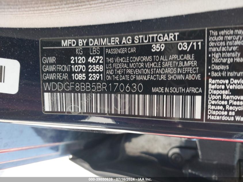 2011 Mercedes-Benz C 300 Luxury 4Matic/Sport 4Matic VIN: WDDGF8BB5BR170630 Lot: 39850639