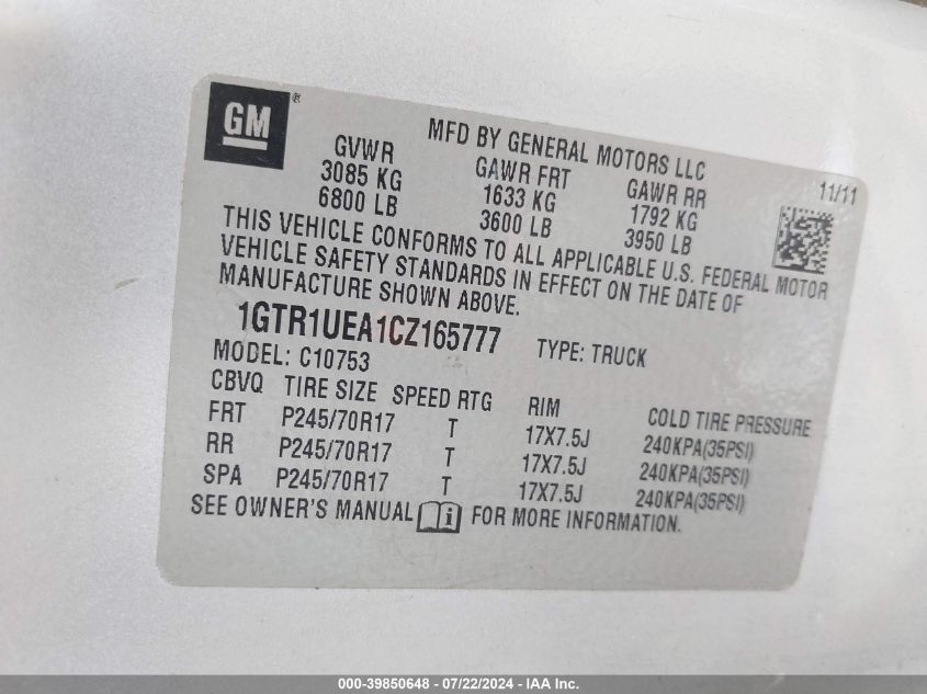 2012 GMC Sierra 1500 Sl VIN: 1GTR1UEA1CZ165777 Lot: 39850648