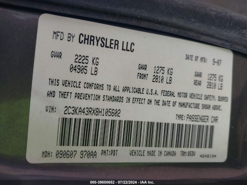 2008 Chrysler 300 Lx VIN: 2C3KA43RX8H105602 Lot: 39850652