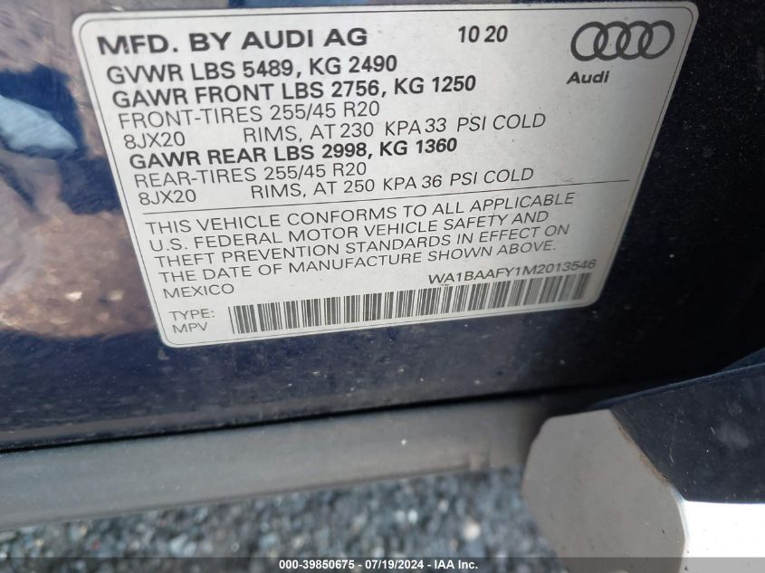 2021 Audi Q5 Premium Plus 45 Tfsi Quattro S Tronic VIN: WA1BAAFY1M2013546 Lot: 39850675