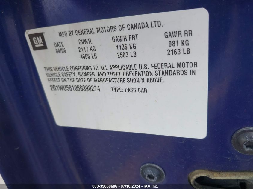 2006 Chevrolet Impala Ltz VIN: 2G1WU581069390274 Lot: 39850686