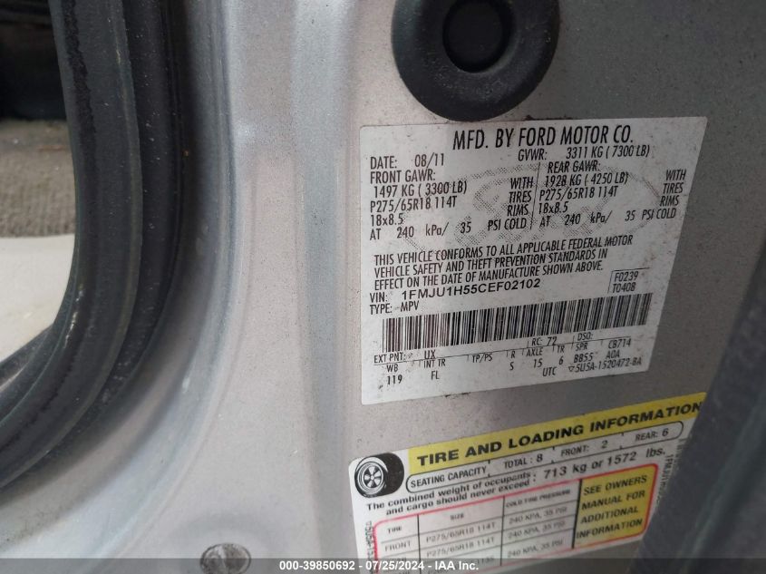 2012 Ford Expedition Xlt VIN: 1FMJU1H55CEF02102 Lot: 39850692