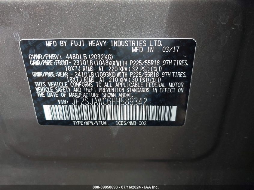 2017 Subaru Forester 2.5I Touring VIN: JF2SJAWC6HH589342 Lot: 39850693