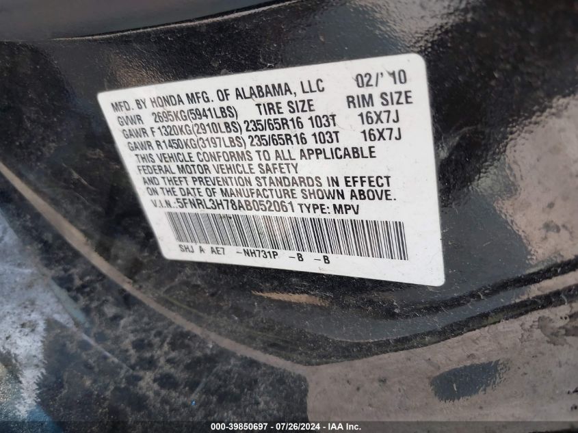 2010 Honda Odyssey Ex-L VIN: 5FNRL3H78AB052061 Lot: 39850697