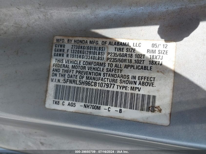 2012 Honda Odyssey Touring/Touring Elite VIN: 5FNRL5H96CB107977 Lot: 39850709