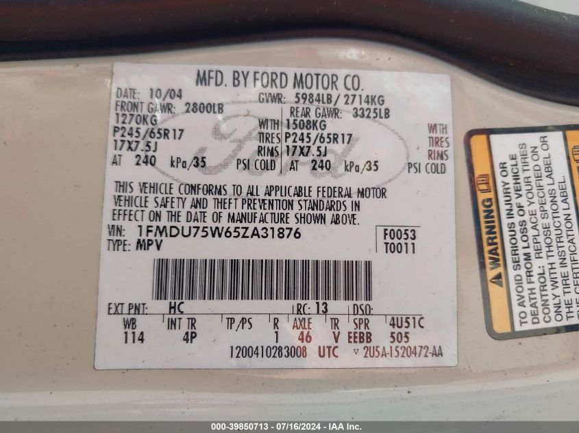 2005 Ford Explorer Limited VIN: 1FMDU75W65ZA31876 Lot: 39850713