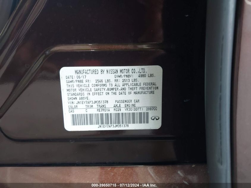 2018 Infiniti Q50 3.0T Luxe VIN: JN1EV7AP3JM351378 Lot: 39850715