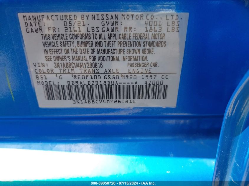 2021 Nissan Sentra Sv Xtronic Cvt VIN: 3N1AB8CV4MY280816 Lot: 39850720