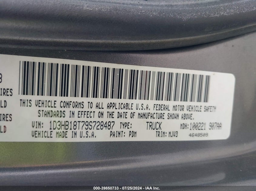 2009 Dodge Ram 1500 Slt/Sport/Trx VIN: 1D3HB18T79S728487 Lot: 39850733
