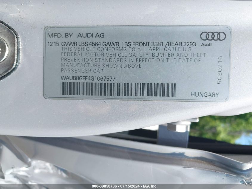 2016 Audi A3 2.0T Premium VIN: WAUB8GFF4G1067577 Lot: 39850736