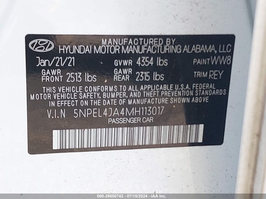 2021 Hyundai Sonata Sel VIN: 5NPEL4JA4MH113017 Lot: 39850742