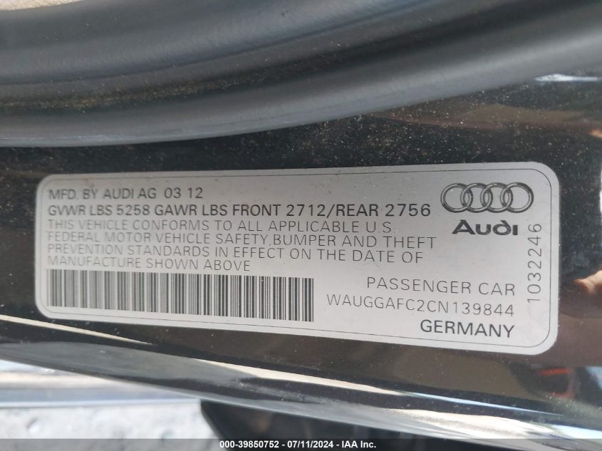 2012 Audi A6 3.0 Premium VIN: WAUGGAFC2CN139844 Lot: 39850752