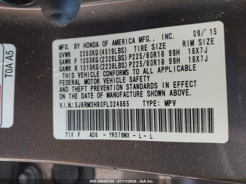 2015 Honda Cr-V Touring VIN: 5J6RM3H90FL024865 Lot: 39850754