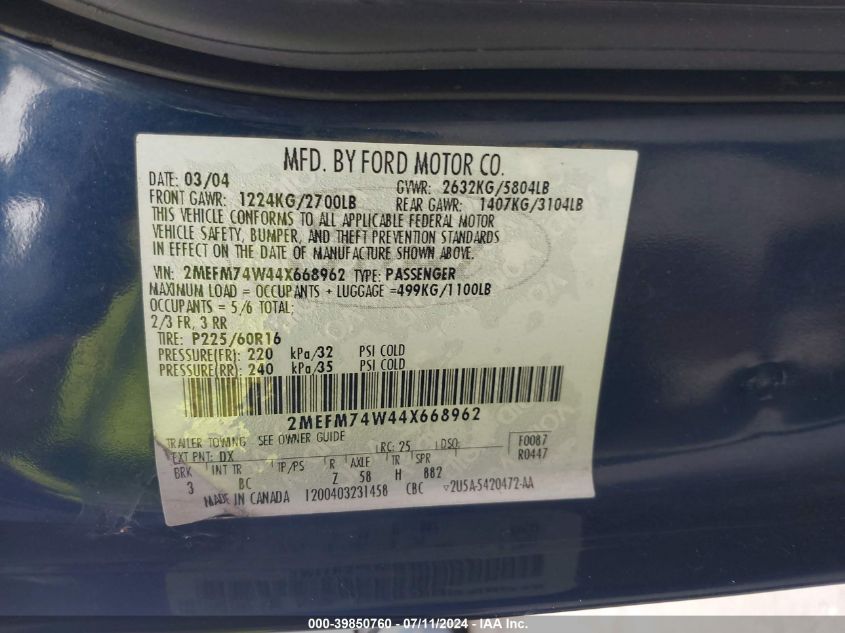 2004 Mercury Grand Marquis Gs VIN: 2MEFM74W44X668962 Lot: 39850760