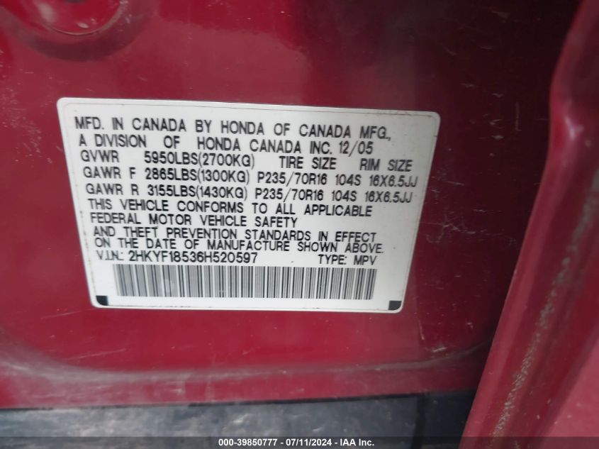 2006 Honda Pilot Ex-L VIN: 2HKYF18536H520597 Lot: 39850777