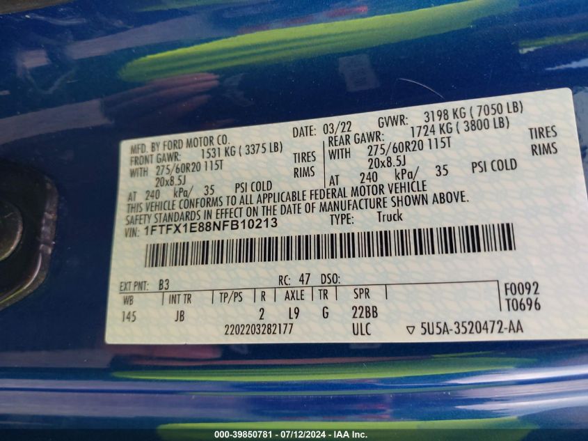 2022 Ford F150 Super Cab VIN: 1FTFX1E88NFB10213 Lot: 39850781