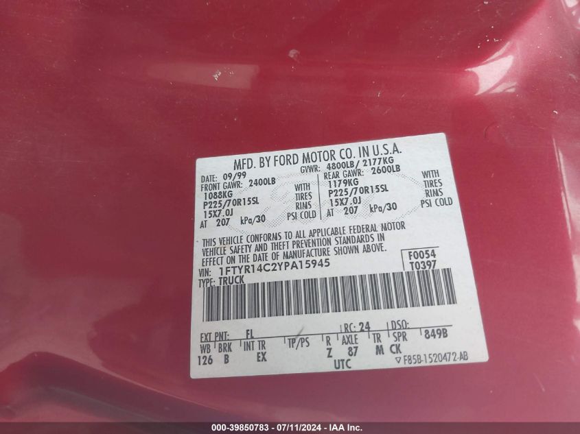 2000 Ford Ranger Xl/Xlt VIN: 1FTYR14C2YPA15945 Lot: 39850783