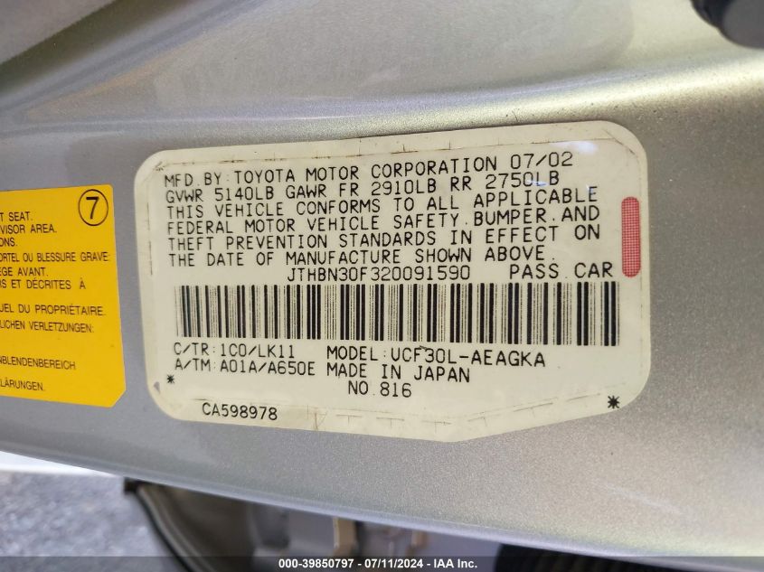 2002 Lexus Ls 430 VIN: JTHBN30F320091590 Lot: 39850797