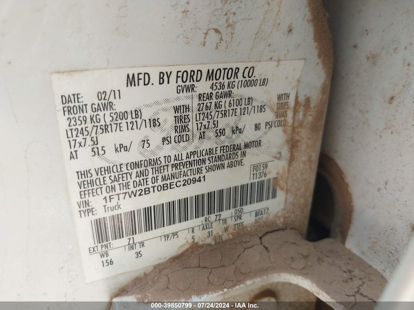 2011 Ford F-250 Xlt VIN: 1FT7W2BT0BEC20941 Lot: 39850799