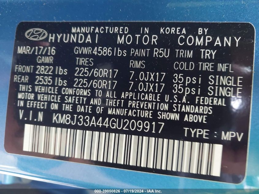 KM8J33A44GU209917 2016 Hyundai Tucson Se