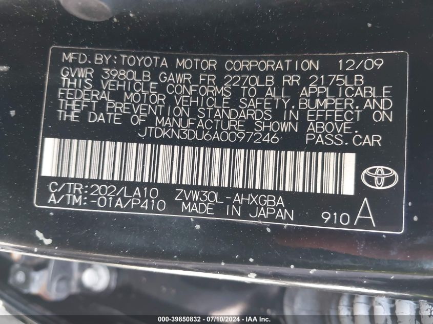 2010 Toyota Prius Iv VIN: JTDKN3DU6A0097246 Lot: 39850832