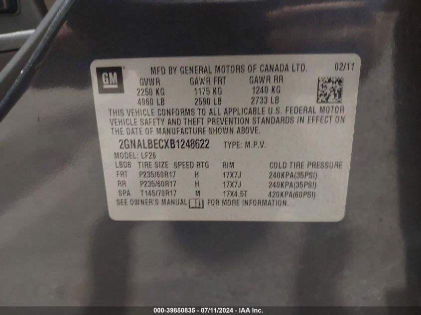 2011 Chevrolet Equinox Ls VIN: 2GNALBECXB1248622 Lot: 39850835