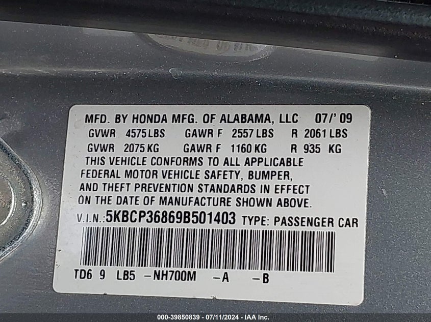 2009 Honda Accord 3.5 Ex-L VIN: 5KBCP36869B501403 Lot: 39850839