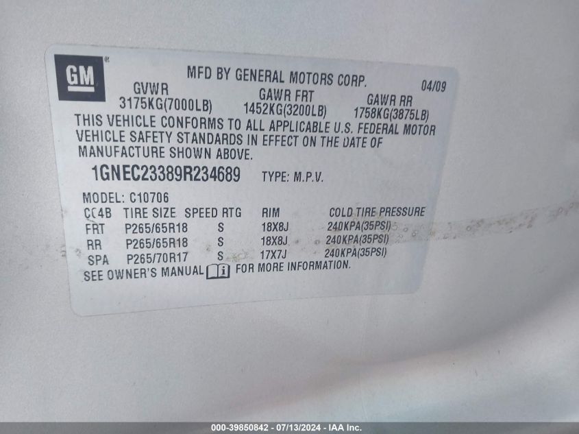 2009 Chevrolet Tahoe Lt1 VIN: 1GNEC23389R234689 Lot: 39850842